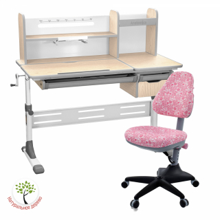 Комплект Anatomica Genius парта + кресло + надстройка + выдвижной ящик + подставка для книг клен/серый/розовый с сердцами и цветами