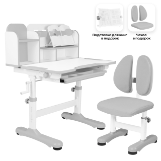 Комплект Anatomica Umka парта + стул + надстройка + выдвижной ящик + подставка для книг белый/серый