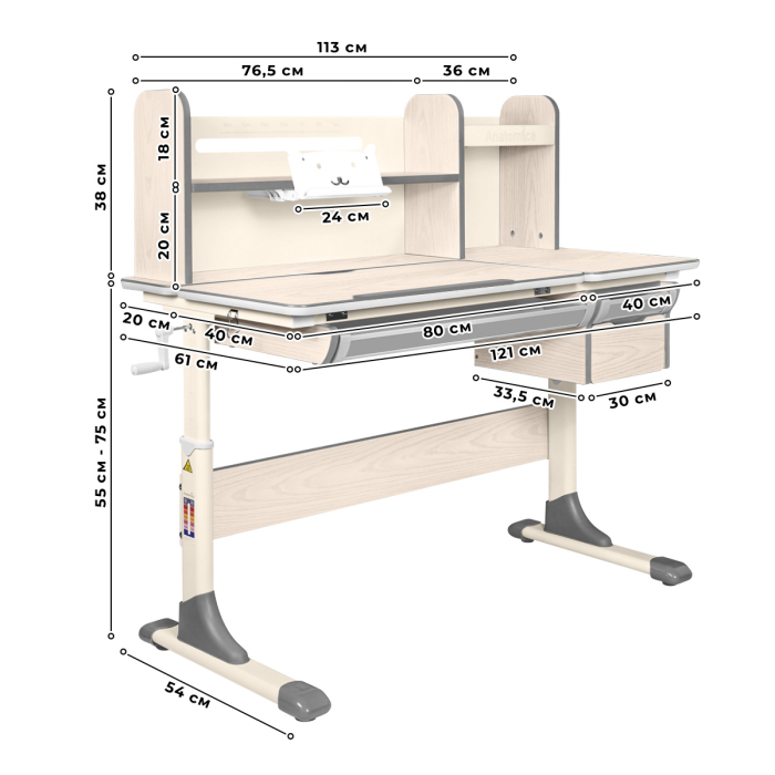 Характеристики Комплект Anatomica Genius парта + кресло + надстройка + выдвижной ящик + подставка для книг